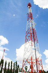 Image showing Telecommunications tower with blue sky and cloud