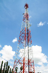 Image showing Telecommunications tower with blue sky and cloud