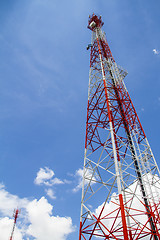 Image showing Telecommunications tower with blue sky and cloud