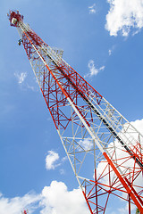 Image showing Telecommunications tower with blue sky and cloud