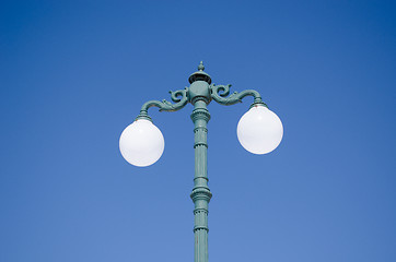 Image showing vintage light pole double twin glass lamp blue sky 