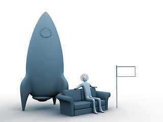 Image showing 3d astronaut relaxing on a sofa. Flag is empty for you to fill with anything you like. (logo, country-flag, sign etc.)