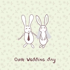 Image showing Bridal shower invitation with two cute rabbits in bride and groom costumes