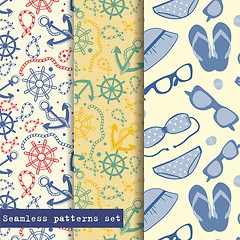 Image showing Set of three seamless pattern. Sea and beach theme. Easy editable, vector format.