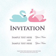 Image showing Wedding invitation with two cute swan birds in bride and groom costumes