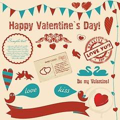 Image showing Valentine`s background with retro elements and banners (hearts, birds, frames)