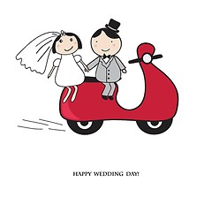 Image showing Bride and groom on the red scooter.