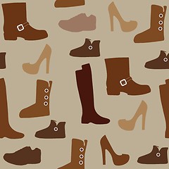 Image showing Seamless pattern with different kind of shoes. Boots, heels, shearling boots, riding boots and more.