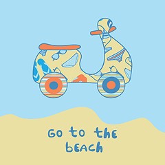 Image showing Summer illustration with scooter on the beach side.