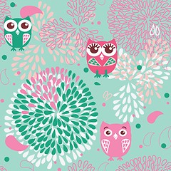 Image showing Owls and flowers seamless pattern