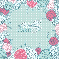 Image showing Wedding card with beautiful rose flowers on blue polka dot background
