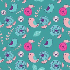 Image showing Seamless retro background with cute birds and flowers