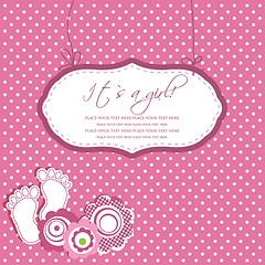Image showing Baby girl shower card with foot steps and frame for your text