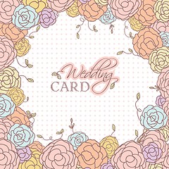 Image showing Wedding card with beautiful rose flowers on blue polka dot background