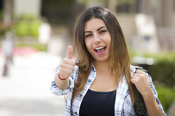 Image showing Mixed Race Female Student on School Campus with Thumbs Up