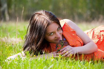 Image showing Pretty girl laying on grass