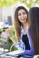 Image showing Expressive Young Mixed Race Female Sitting and Talking with Girl