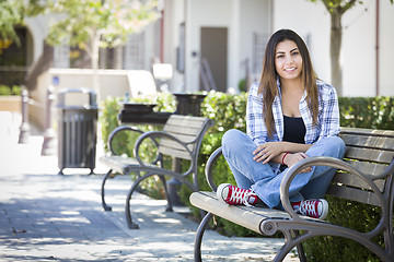 Image showing Mixed Race Female Student Portrait on School Campus Bench