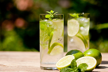 Image showing fresh cold refreshment drink mineral water soda with lime and mint