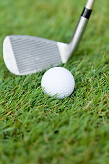 Image showing golf ball and iron on green grass detail macro summer outdoor