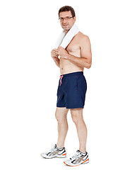 Image showing smiling mature sporty man with towel fittness sport health isolated