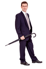 Image showing mature attractive business man with umbrella isolated