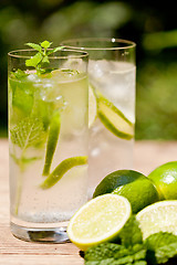 Image showing fresh cold refreshment drink mineral water soda with lime and mint