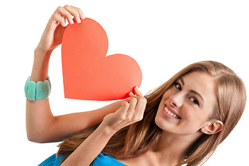 Image showing smiling young woman and red heart love valentines day 