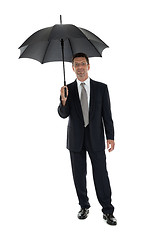 Image showing mature attractive business man with umbrella isolated