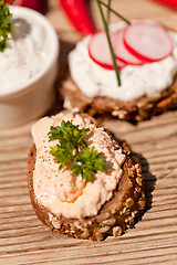 Image showing fresh tasty homemade cream cheese and herbs with bread