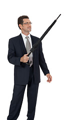 Image showing mature attractive business man with umbrella isolated