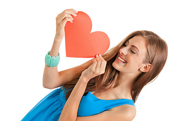 Image showing smiling young woman and red heart love valentines day 