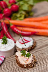 Image showing fresh tasty homemade cream cheese and herbs with bread