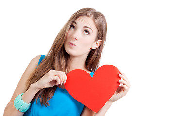 Image showing smiling young woman and red heart love valentines day 