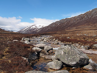 Image showing Lairig Ghru seen from river Dee, Scotland in spring