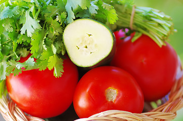 Image showing Tomato, cocumber and cilantro herbs on basket