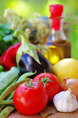 Image showing Fresh vegetables and olive oil