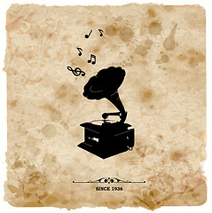 Image showing Vintage postcard. Retro turntable on grunge background