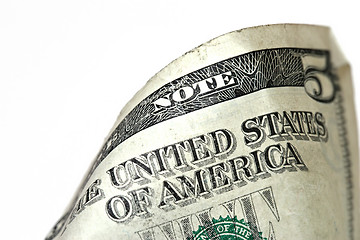 Image showing five dollar bill macro, grunge look