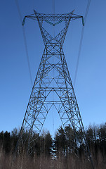 Image showing Huge electricity pylon in the forest