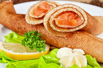 Image showing Pancakes with salmon