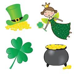 Image showing Black vector pot of leprechauns gold with lucky clovers