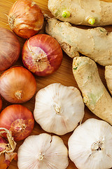 Image showing Group of ginger, garlic and allium ascalonicum