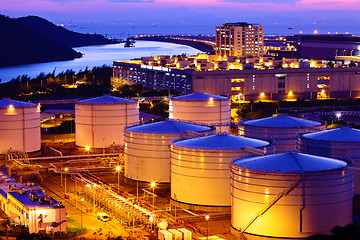 Image showing Oil tank during sunset