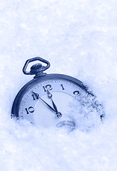 Image showing Pocket watch in snow, Happy New Year greeting card