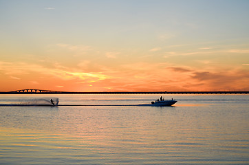 Image showing Waterskiing at sunset