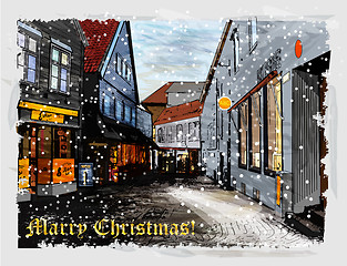Image showing Illustration of snowy street. Christmas greeting card.