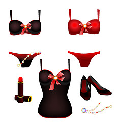 Image showing seductive lingerie collection, lipstick and shoes