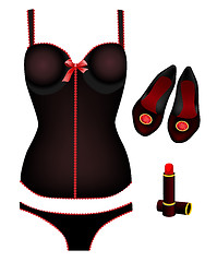 Image showing seductive lingerie collection, lipstick and shoes