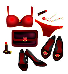 Image showing seductive lingerie, lipstick, clutch, necklace, and shoes